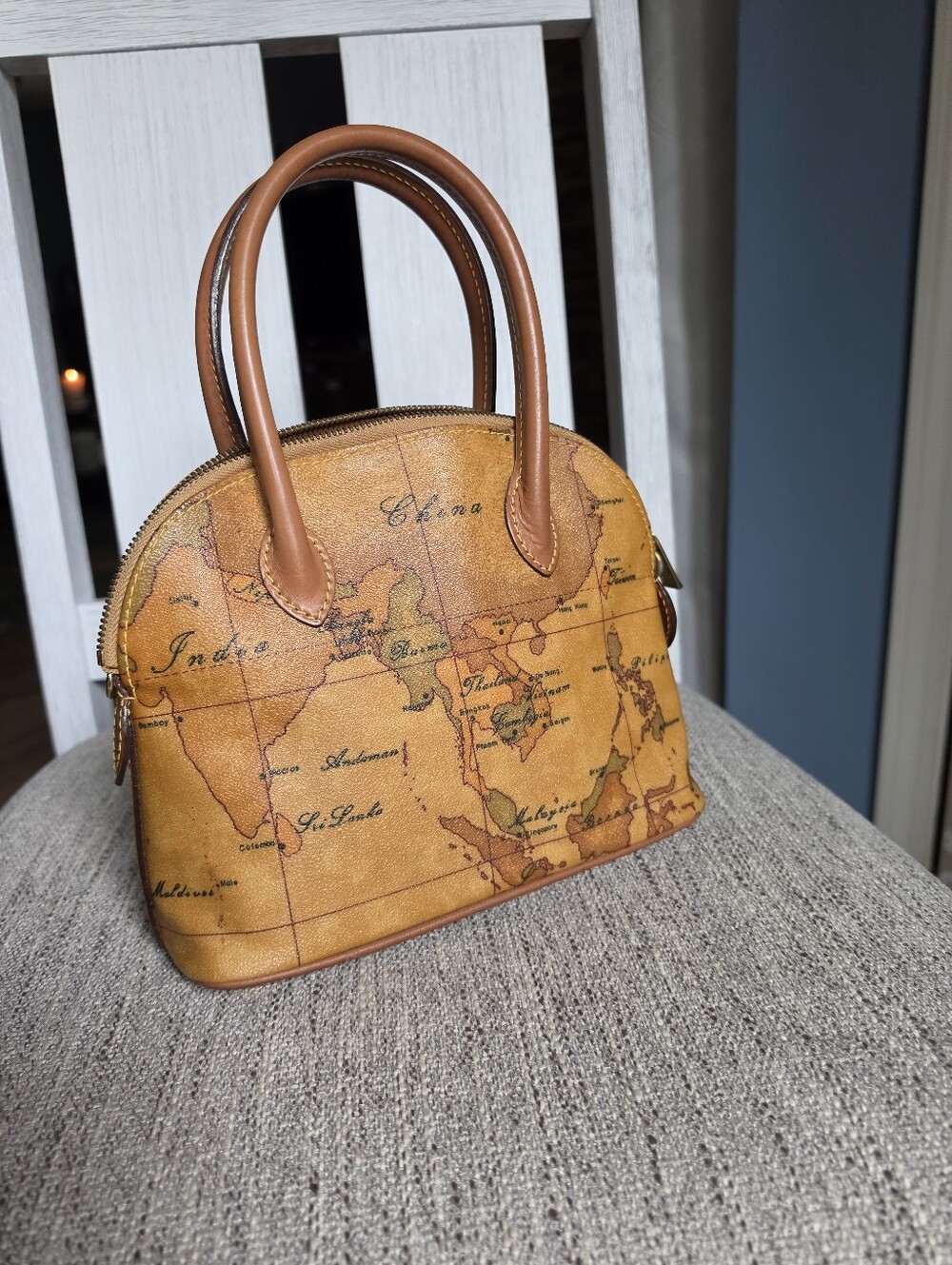 Authentic Alviero Martini Vintage Map-Print Dome Satchel - Tan